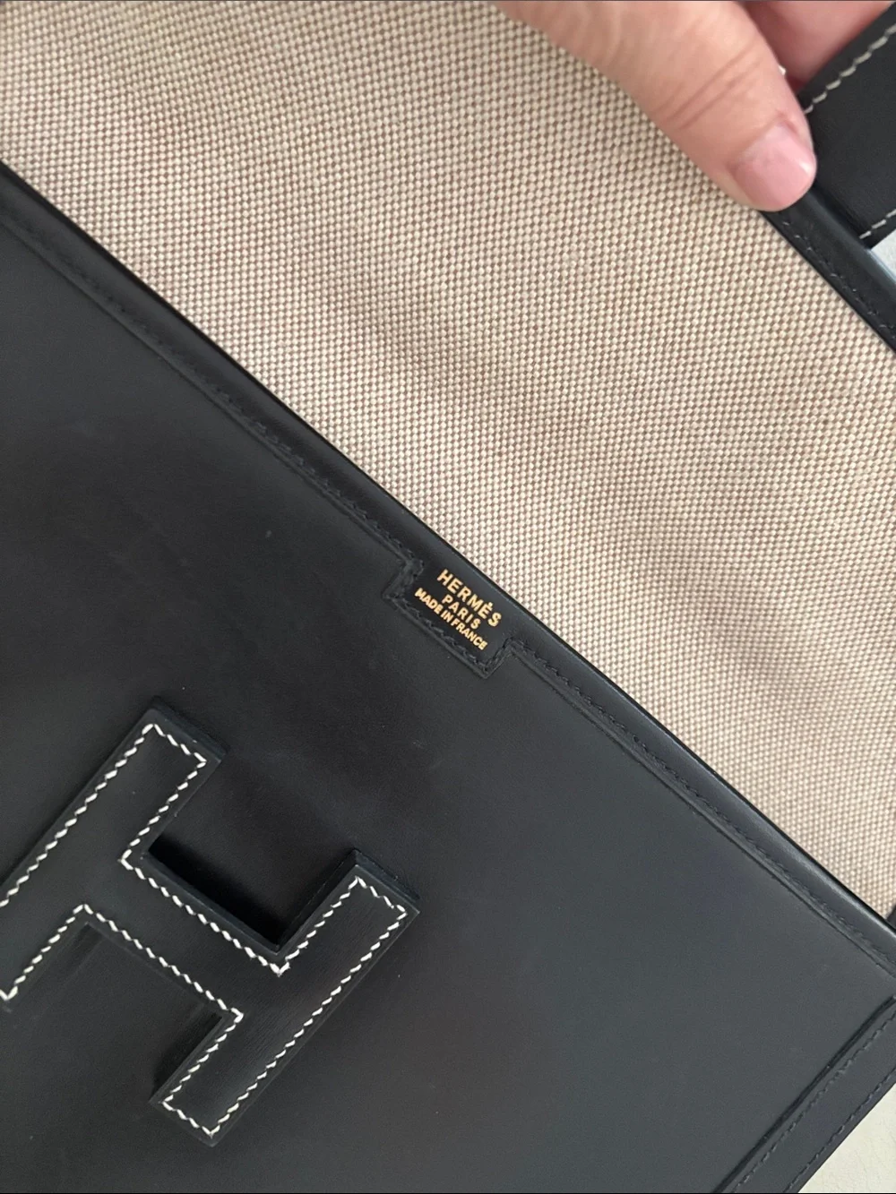 Hermes Black Leather Clutch with White Contrast Stitching